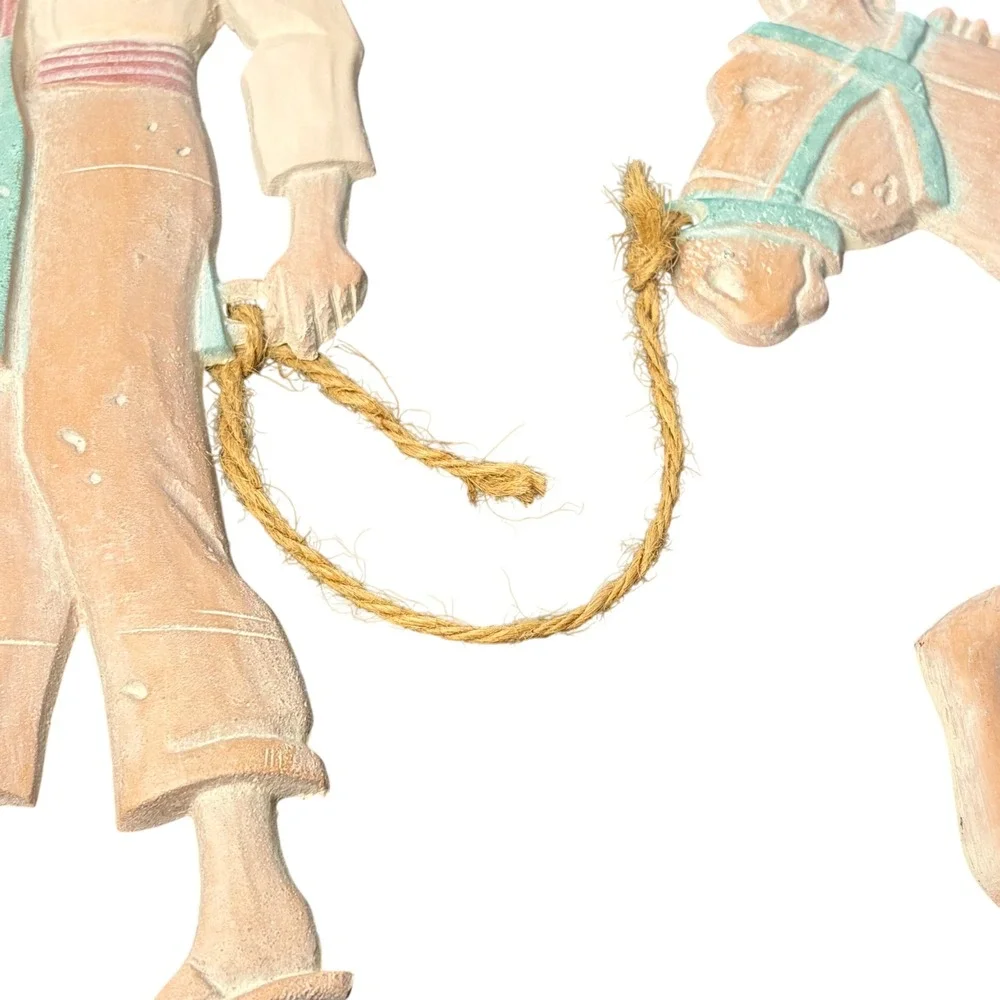 Vintage Mexican Folk Art Wall Hanging Man Leading Donkey‎ 2pc Set Rustic Decor
